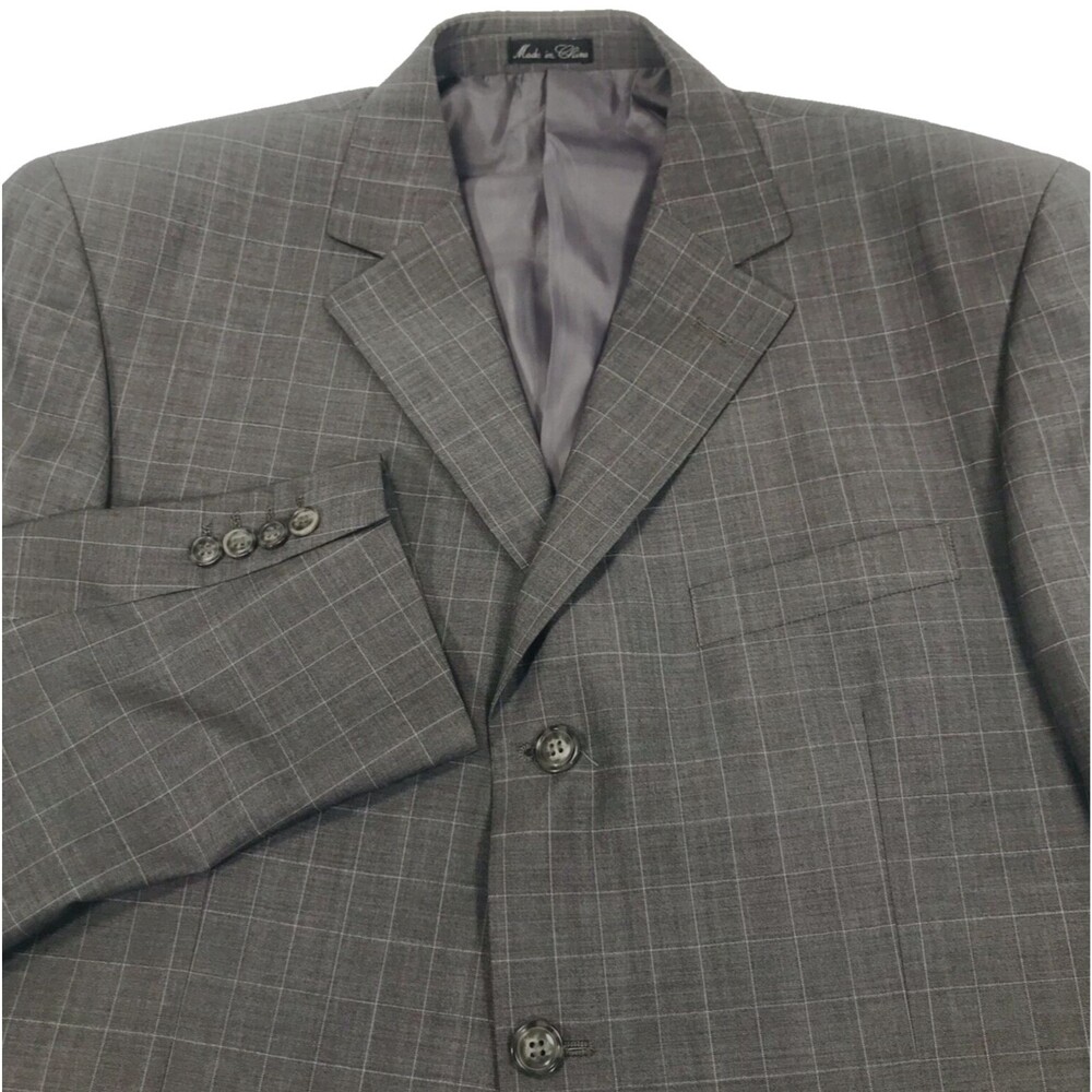 Lineage Sport Coat Wool Windowpane Plaid Gray 3 Button 46 48 Italy Preppy Mob